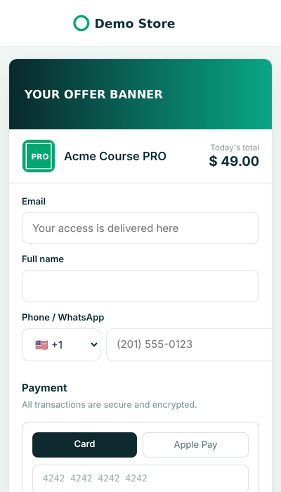 Checkout in English charging $49 with Apple Pay