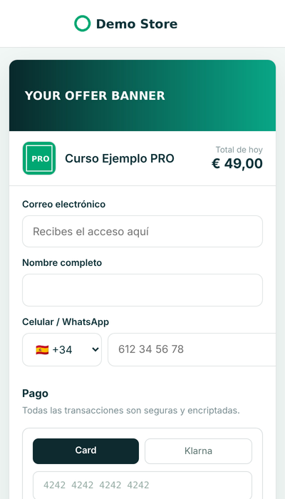 Checkout in Spanish charging €49 with Klarna