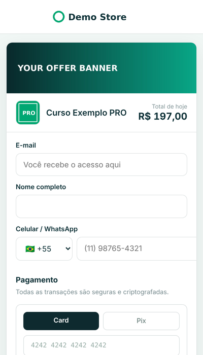 Checkout in Portuguese charging R$ 197 with Pix